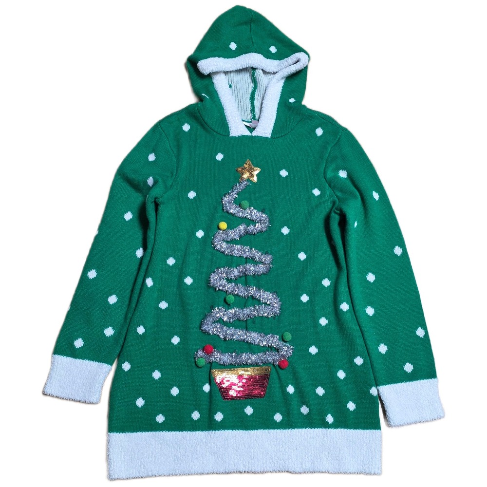 No Boundaries Ugly Sweater Hoodie Tunic Youth Size XL(15-17) Green Xtmas Tree